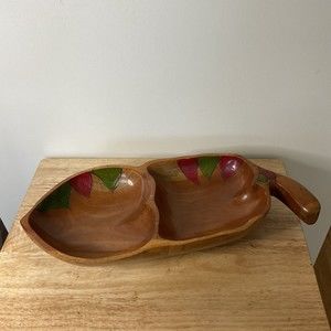 Hand Painted Carved (2) Compartment Wood Serving Bowl  Boho Nut Shape autumn